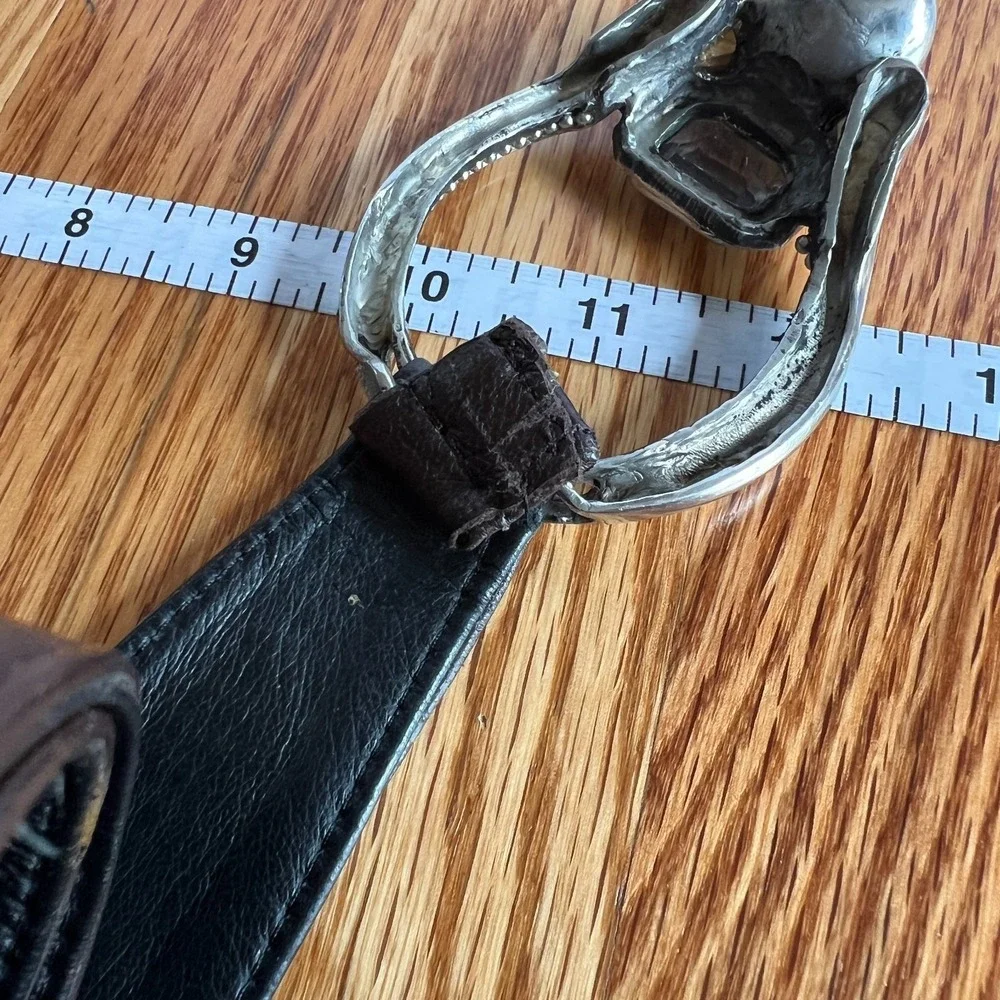 Y2K Wide Brown Leather Belt Silver Gem‎ Buckle Western Glam Statement M/L 39